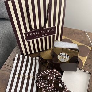 Henri Bendel gift box, gift bag, and satchel
